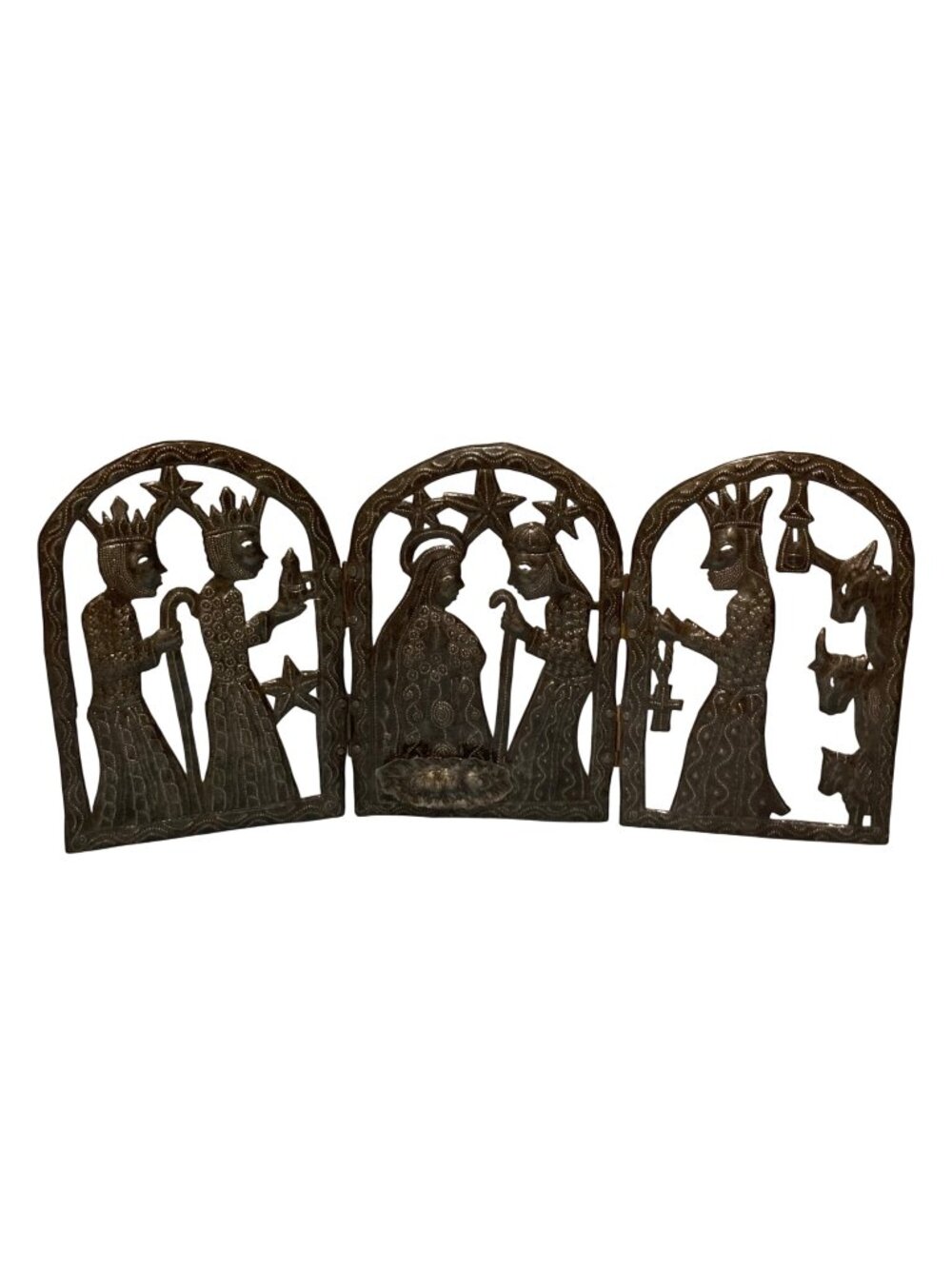 Vintage Christmas Large Metal Triptych Nativity Scene Tin Folk Art Holy Manger